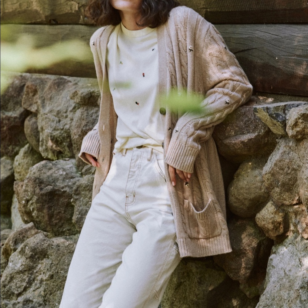 NWT The Great. Oatmeal Embroidered Cardigan Sweater. Size 0.